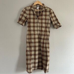 Philippe Adec Vintage Plaid Mini Dress Casual Brown Tan Small 90s Retro